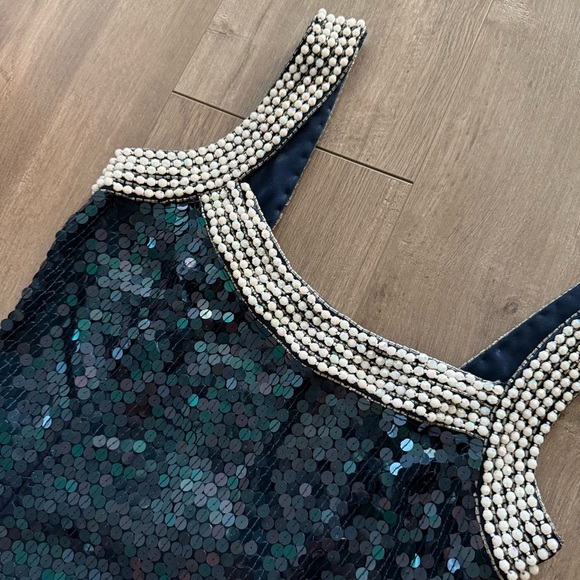 Vintage Cache Blue Sequin White Beaded Cage Cut Out Mini Dress - Picture 2 of 6